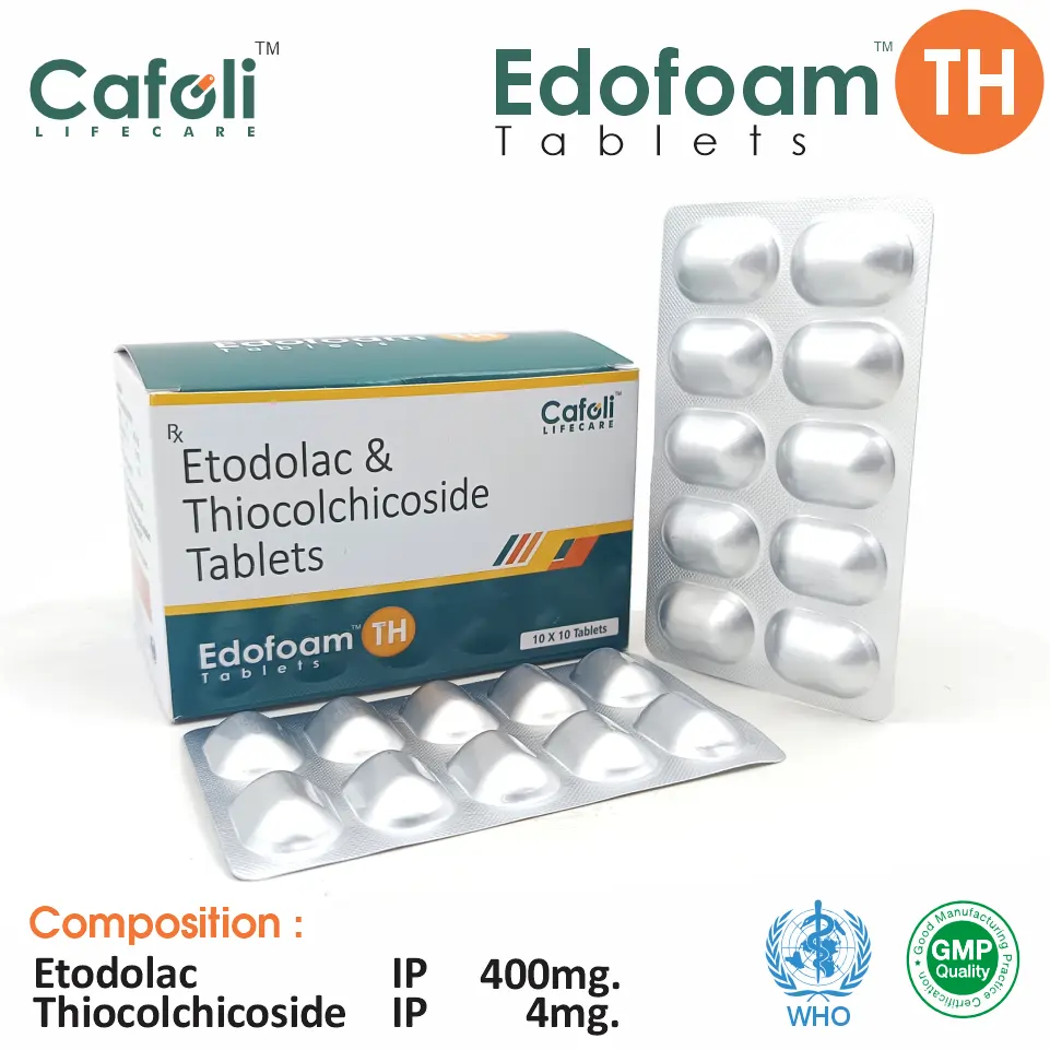 Etodolac 400mg + Thiocolchicoside 4mg Tablet at Best Price in PCD Pharma Franchise for NSAID and Pain Relief, Muscle Relaxant.